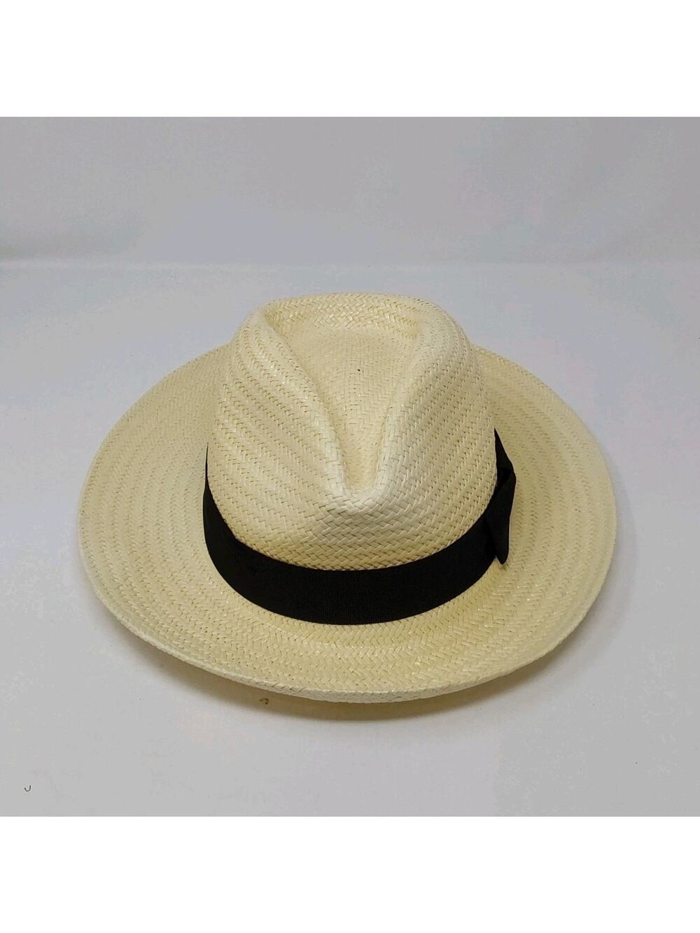 Women's Panama Style Straw Fedora Hat Natural Ivory Wide Brim Black Bow Band